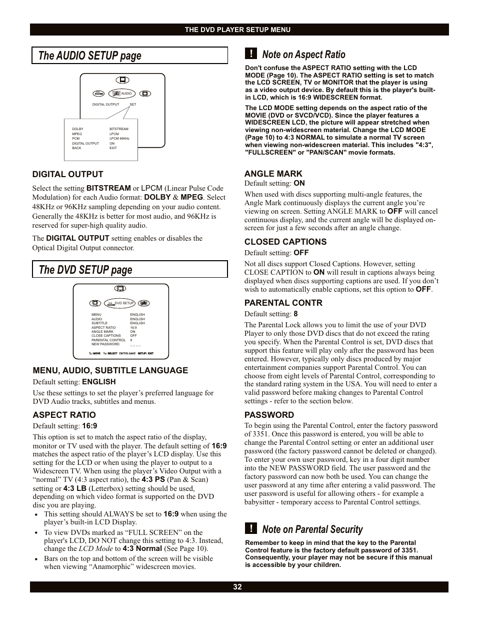 The audio setup page, The dvd setup page, Digital output | Menu, audio, subtitle language, Aspect ratio, Angle mark, Closed captions, Parental contr, Password | CyberHome Entertainment Cyber Home CH-LDV700B User Manual | Page 32 / 35