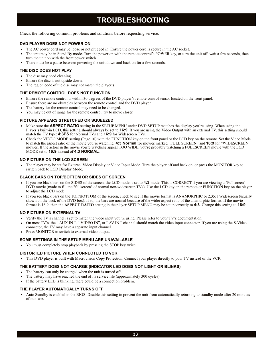 Troubleshooting | CyberHome Entertainment Cyber Home CH-LDV700B User Manual | Page 33 / 35