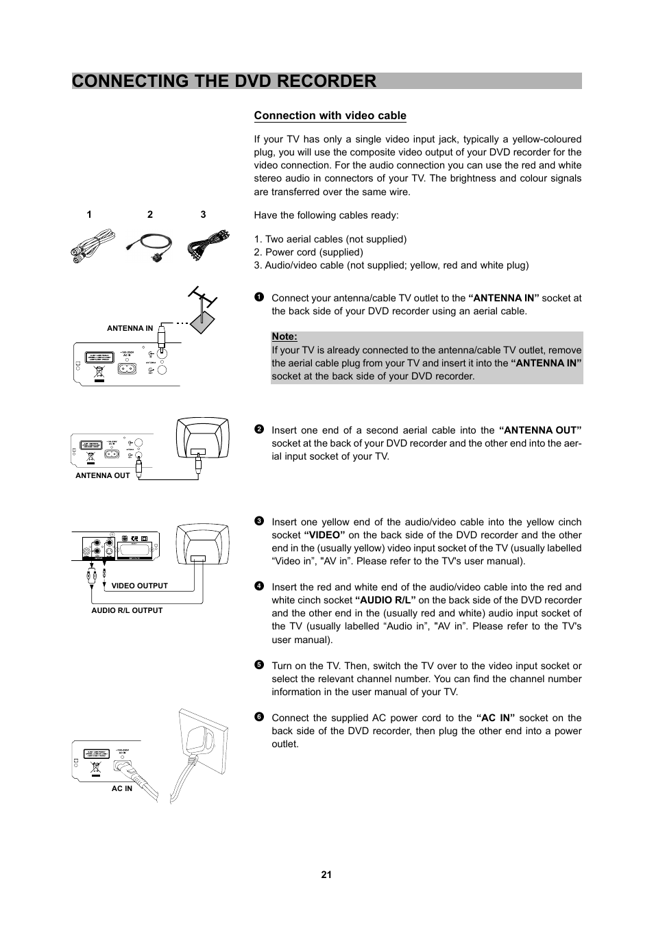 Connecting the dvd recorder | CyberHome Entertainment 1600 User Manual | Page 20 / 83