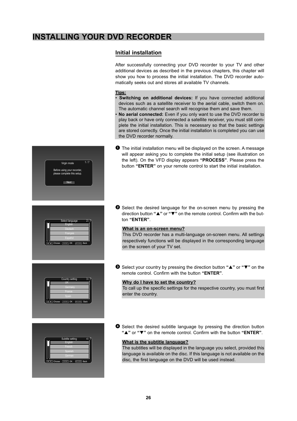 Installing your dvd recorder, Initial installation | CyberHome Entertainment 1600 User Manual | Page 25 / 83