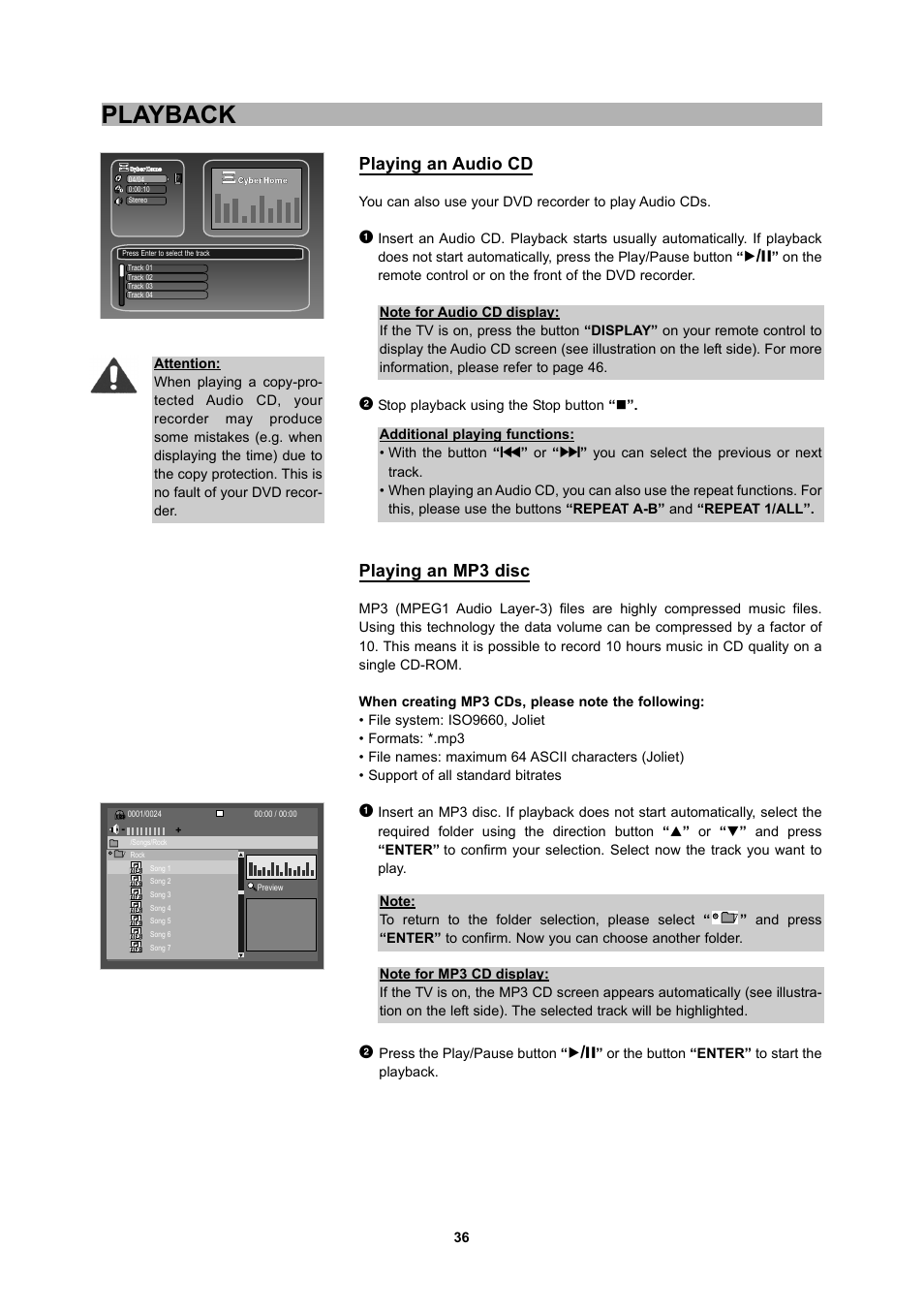 Playback, Playing an audio cd, Playing an mp3 disc | CyberHome Entertainment 1600 User Manual | Page 35 / 83