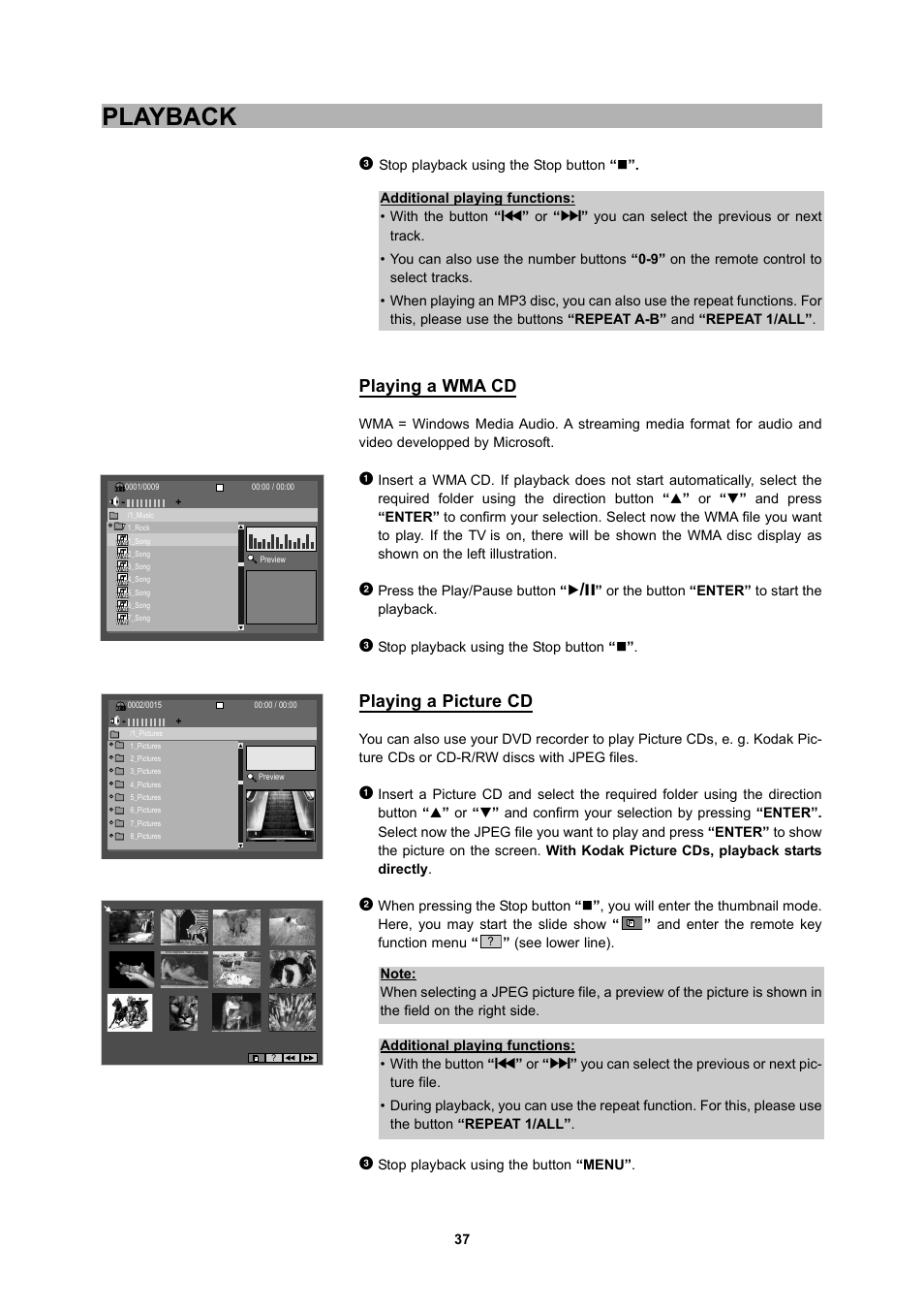 Playback, Playing a wma cd, Playing a picture cd | CyberHome Entertainment 1600 User Manual | Page 36 / 83