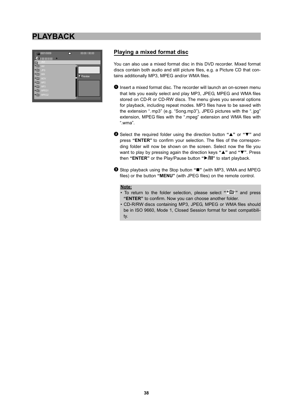 Playback, Playing a mixed format disc | CyberHome Entertainment 1600 User Manual | Page 37 / 83