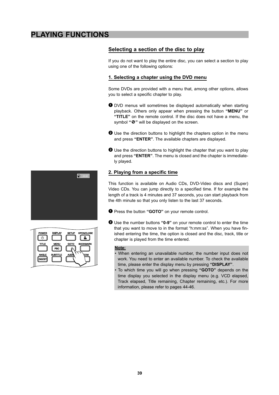Playing functions, Selecting a chapter using the dvd menu, Playing from a specific time | CyberHome Entertainment 1600 User Manual | Page 38 / 83
