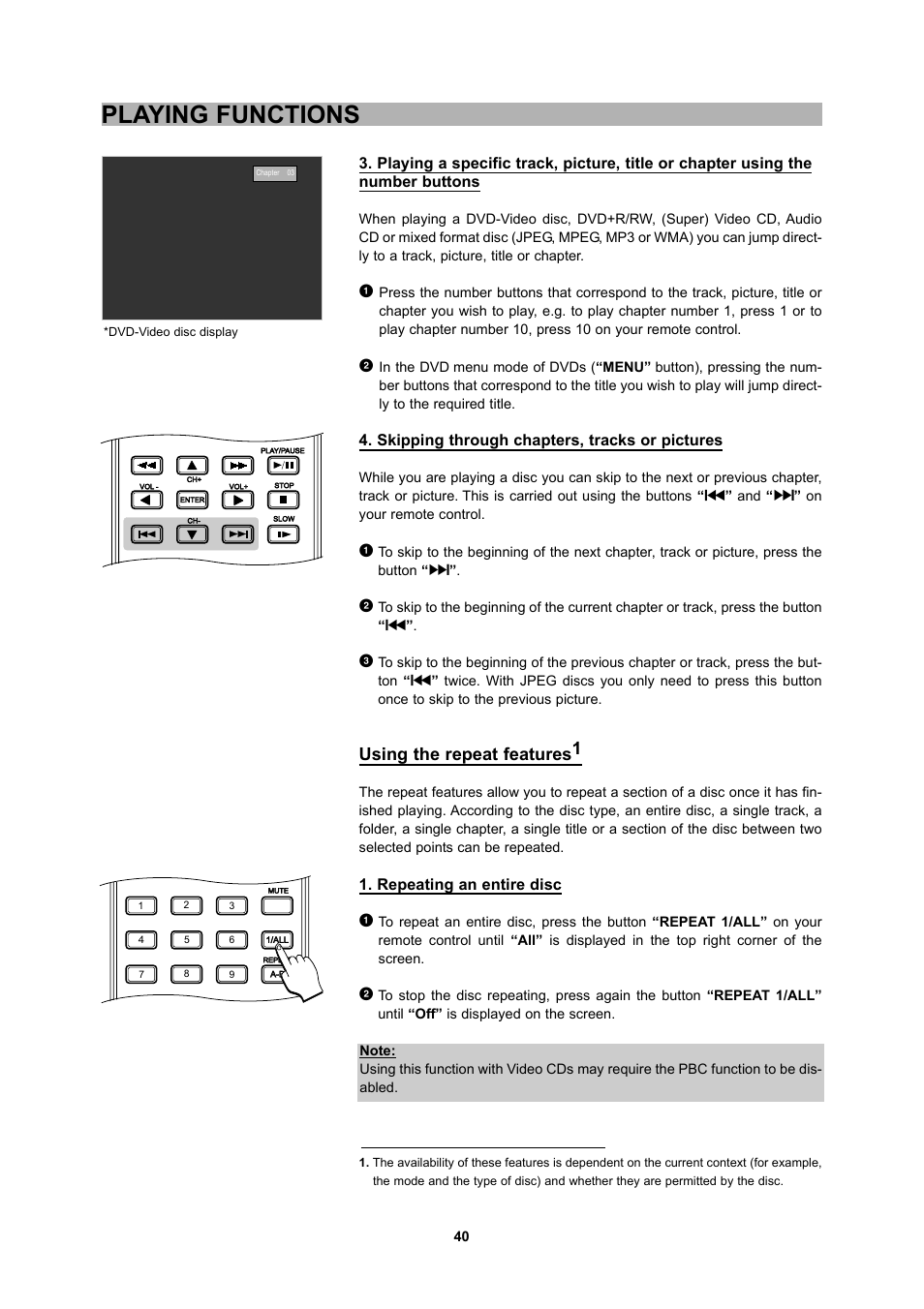 Playing functions, Using the repeat features1 | CyberHome Entertainment 1600 User Manual | Page 39 / 83