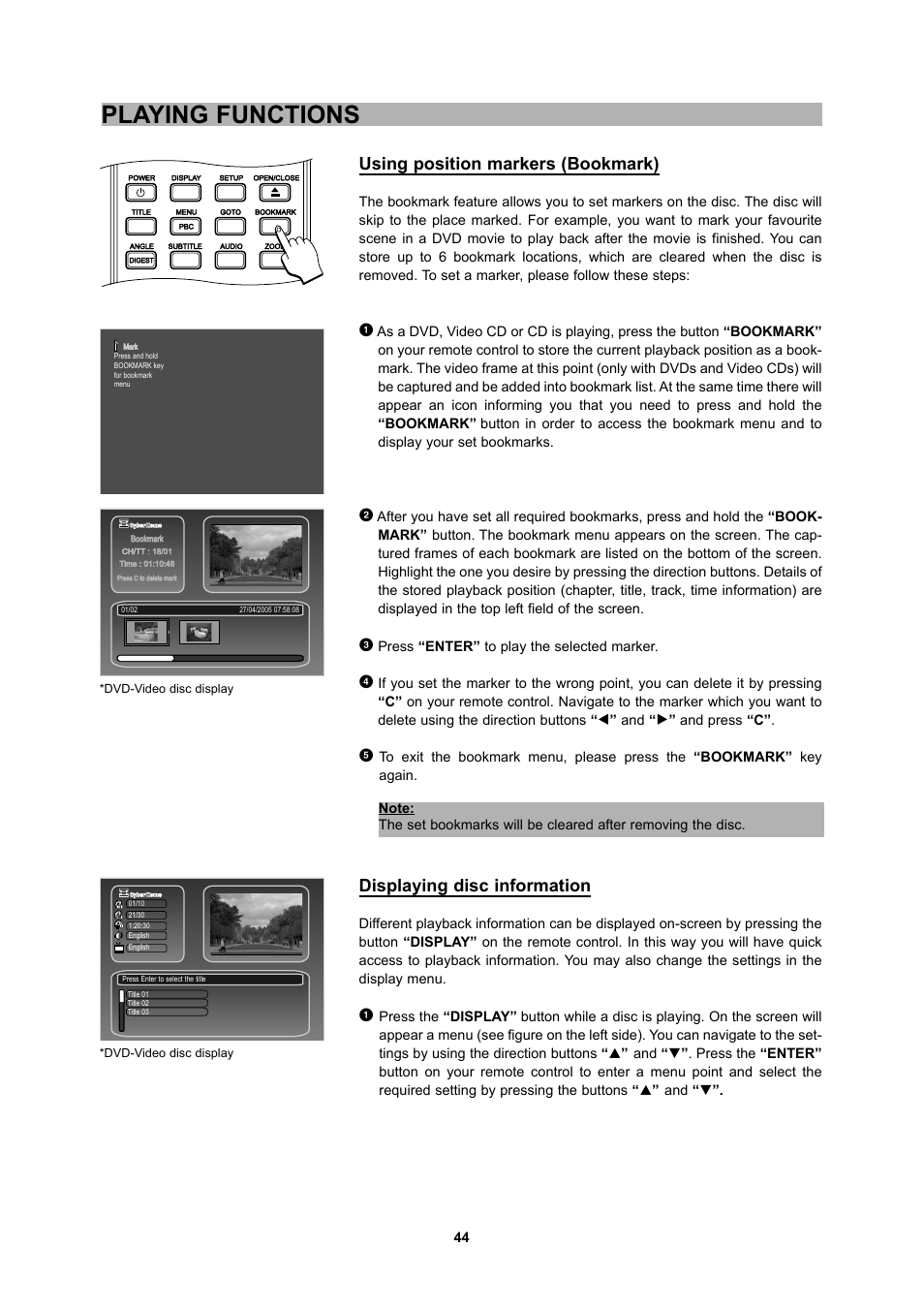 Playing functions, Using position markers (bookmark), Displaying disc information | CyberHome Entertainment 1600 User Manual | Page 43 / 83