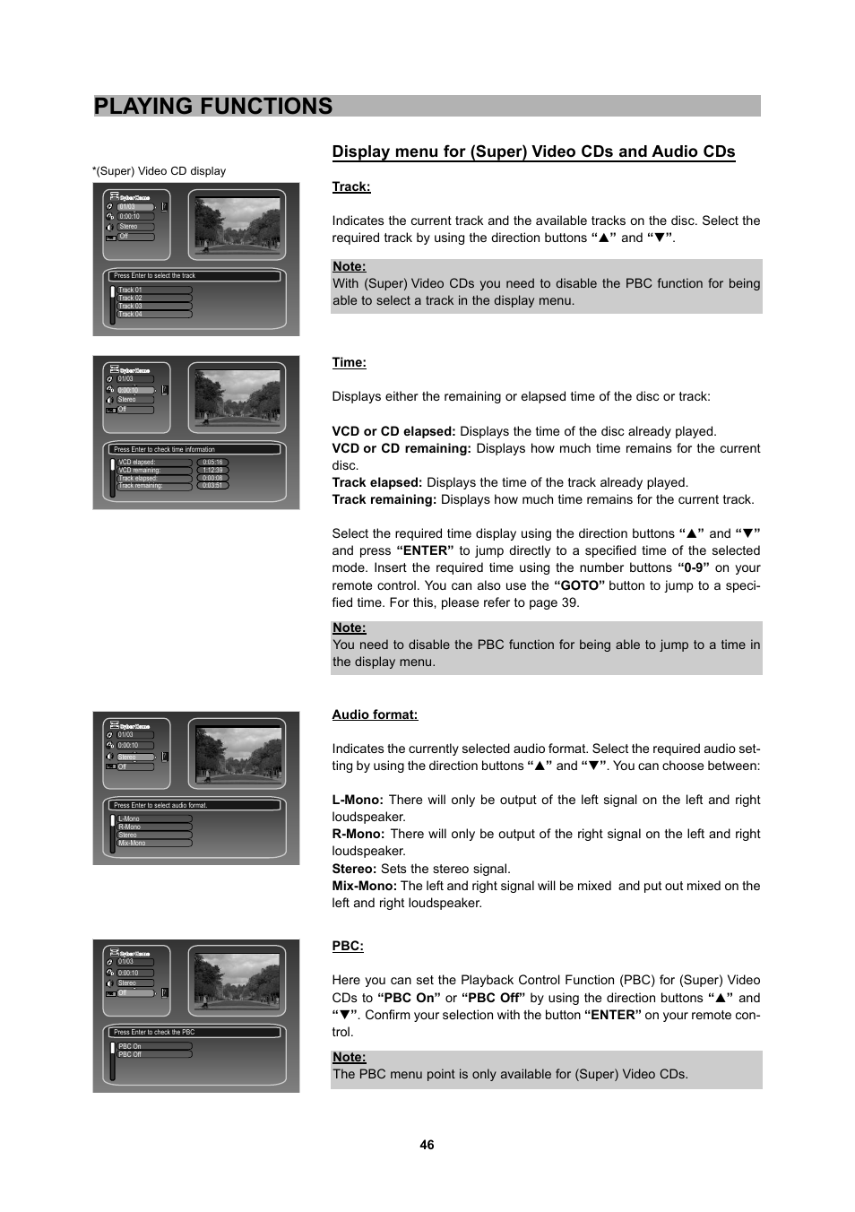 Playing functions, Display menu for (super) video cds and audio cds | CyberHome Entertainment 1600 User Manual | Page 45 / 83