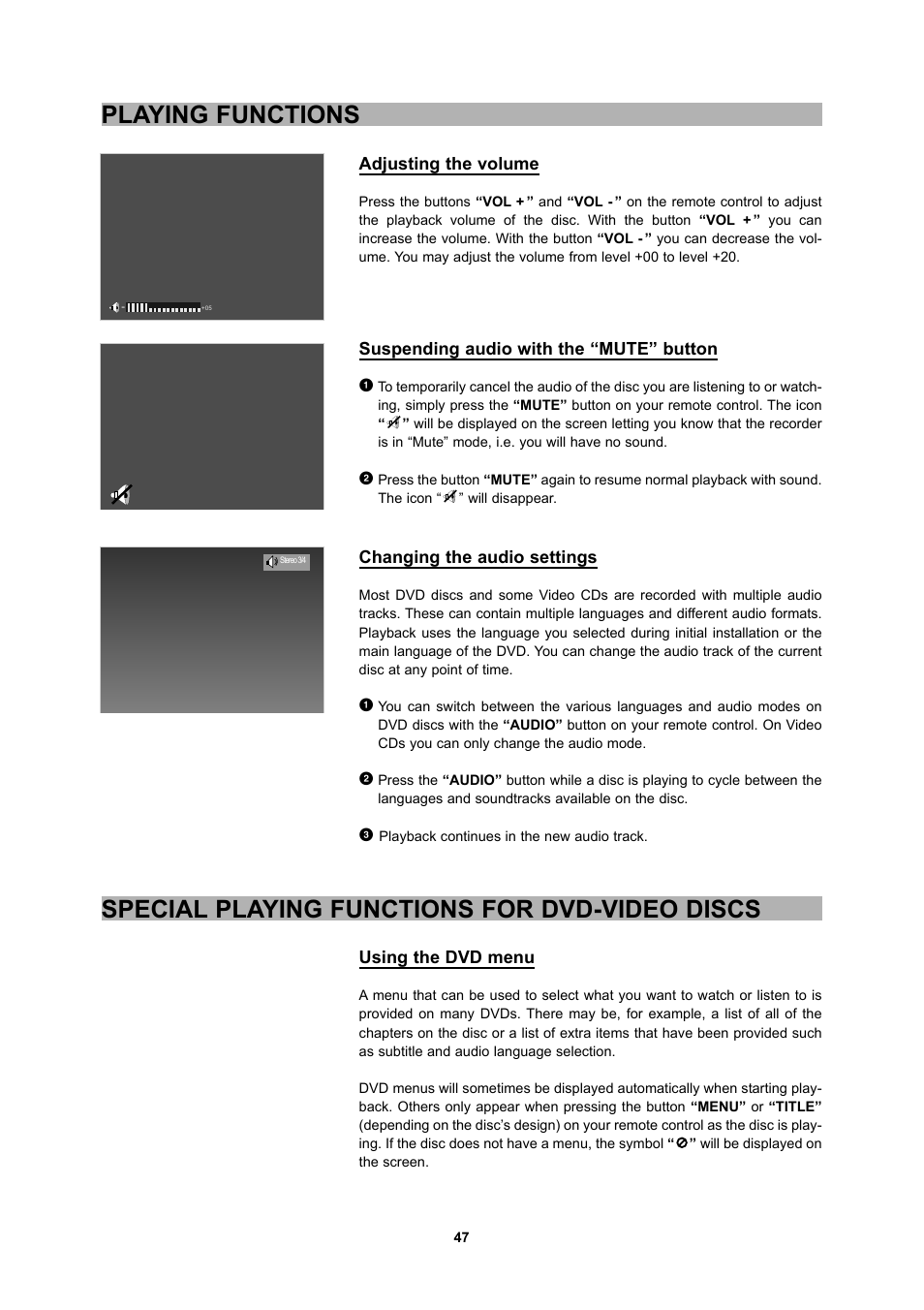 Playing functions, Special playing functions for dvd-video discs | CyberHome Entertainment 1600 User Manual | Page 46 / 83