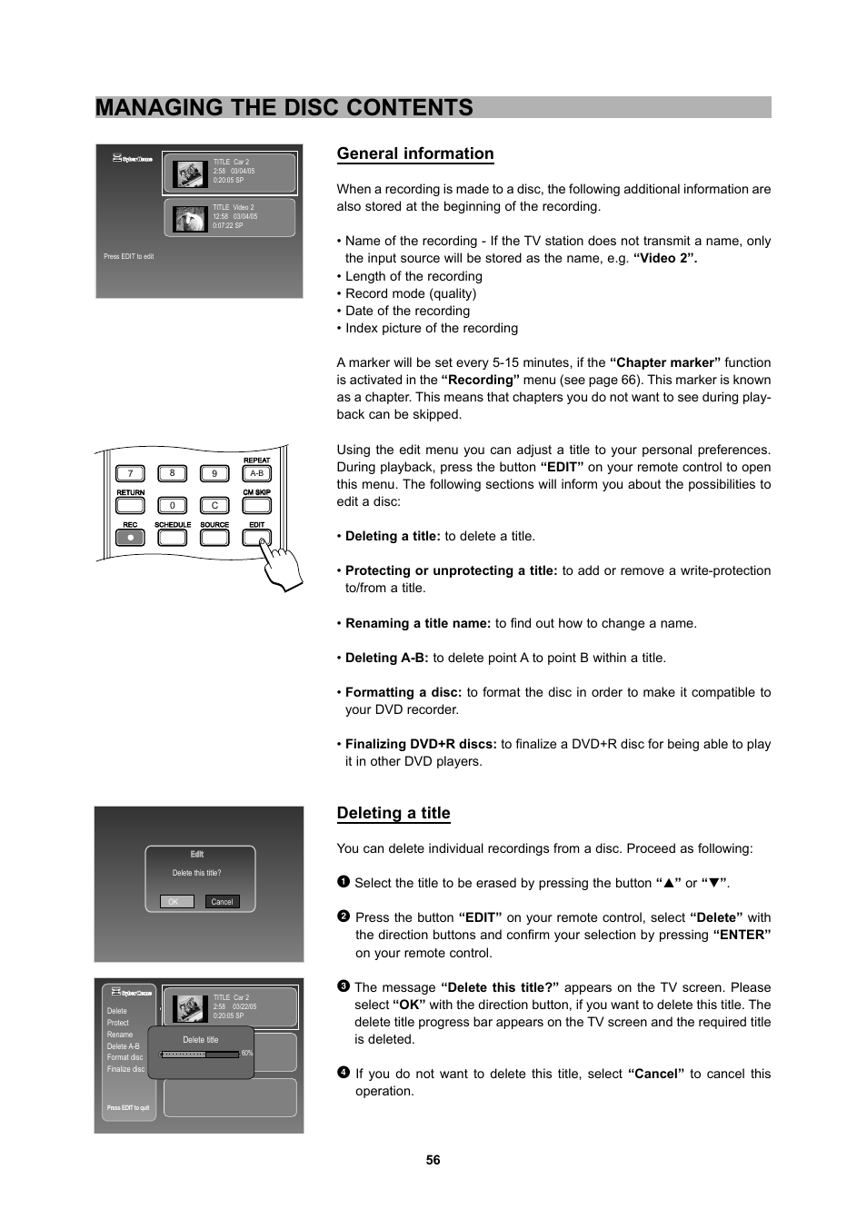 Managing the disc contents, General information, Deleting a title | CyberHome Entertainment 1600 User Manual | Page 55 / 83