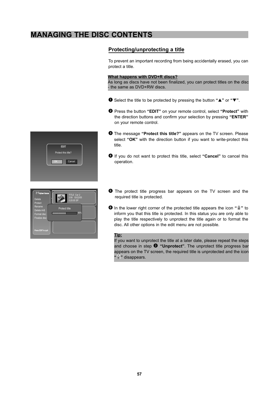 Managing the disc contents, Protecting/unprotecting a title | CyberHome Entertainment 1600 User Manual | Page 56 / 83
