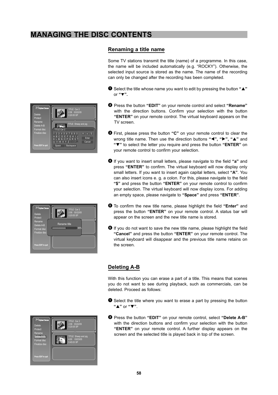 Managing the disc contents, Renaming a title name, Deleting a-b | CyberHome Entertainment 1600 User Manual | Page 57 / 83