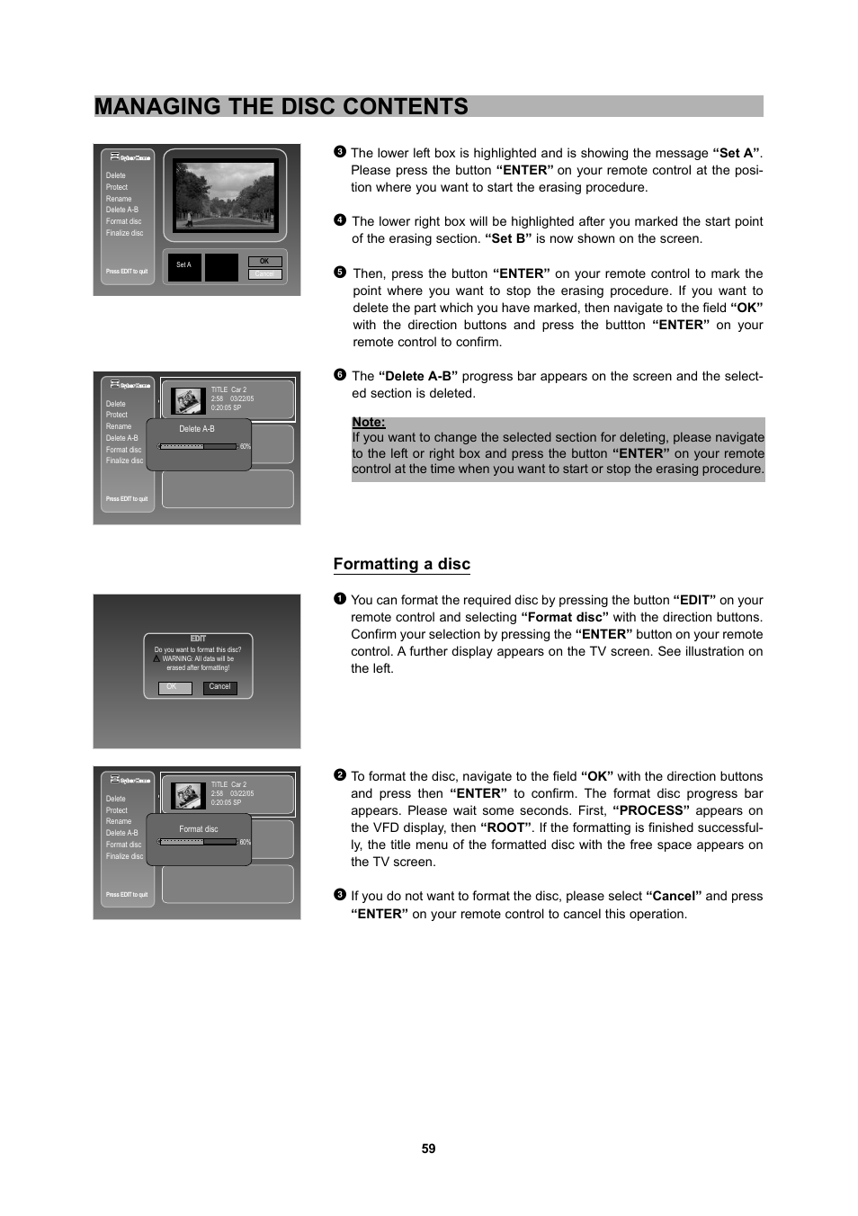 Managing the disc contents, Formatting a disc 1 | CyberHome Entertainment 1600 User Manual | Page 58 / 83