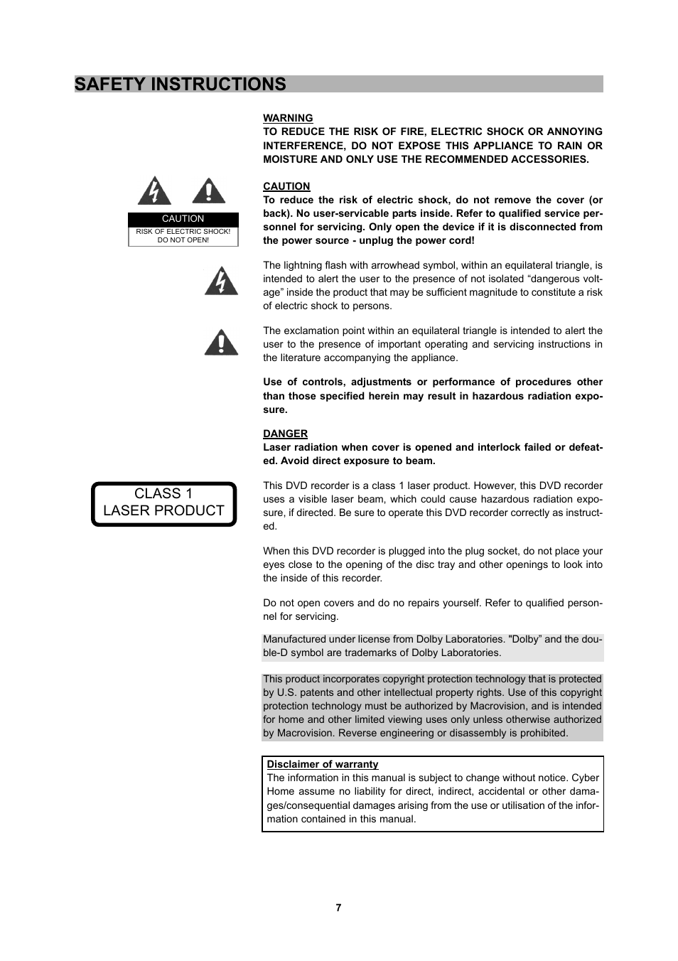 Safety instructions, Class 1 laser product | CyberHome Entertainment 1600 User Manual | Page 6 / 83