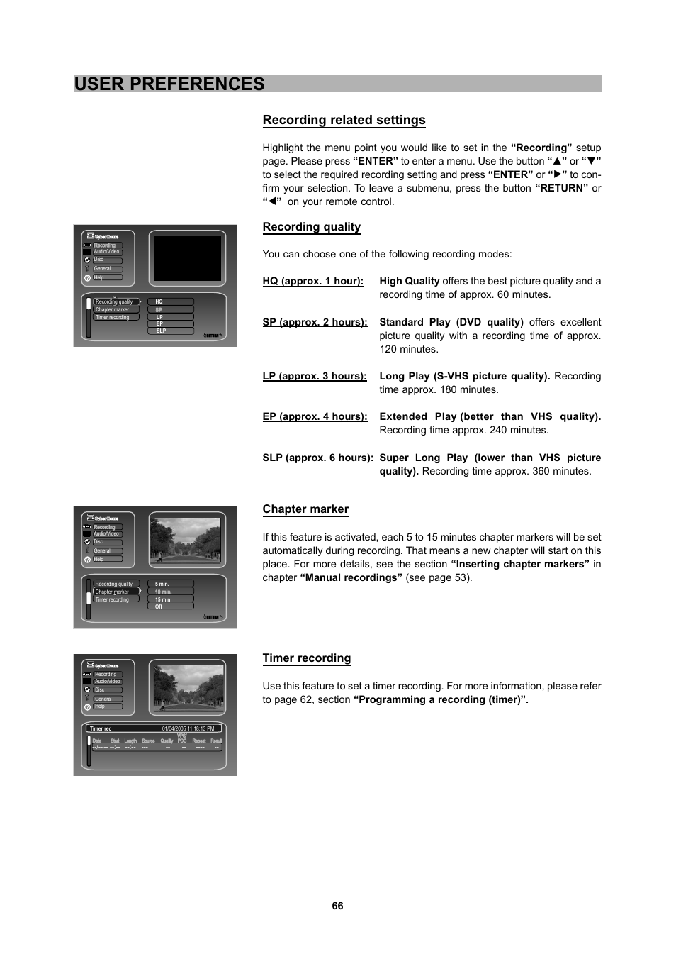 User preferences, Recording related settings, Recording quality | Chapter marker, Timer recording | CyberHome Entertainment 1600 User Manual | Page 65 / 83