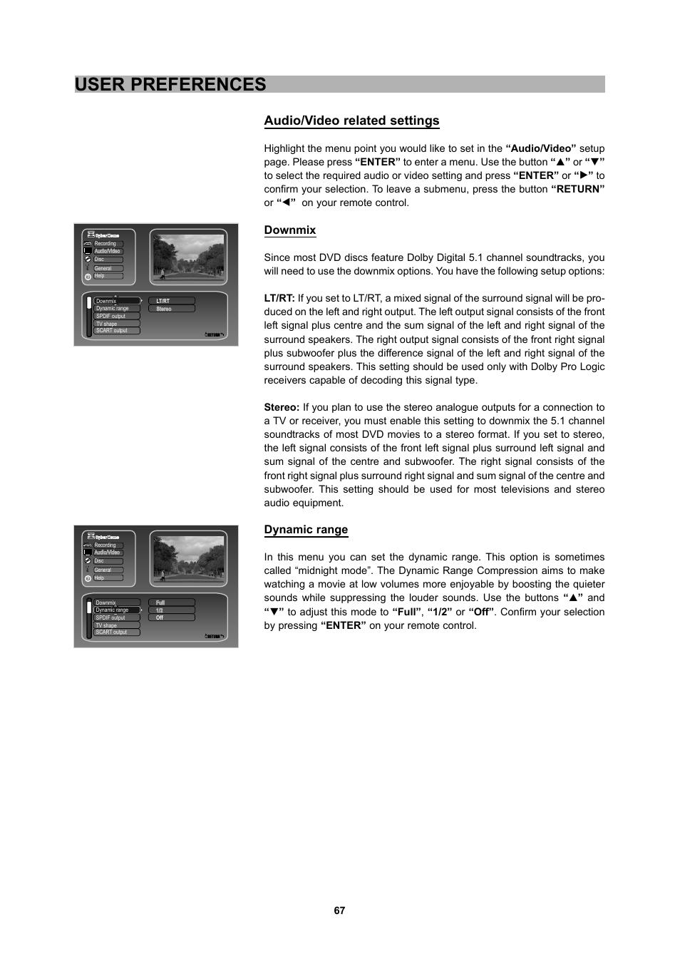 User preferences, Audio/video related settings, Downmix | Dynamic range | CyberHome Entertainment 1600 User Manual | Page 66 / 83