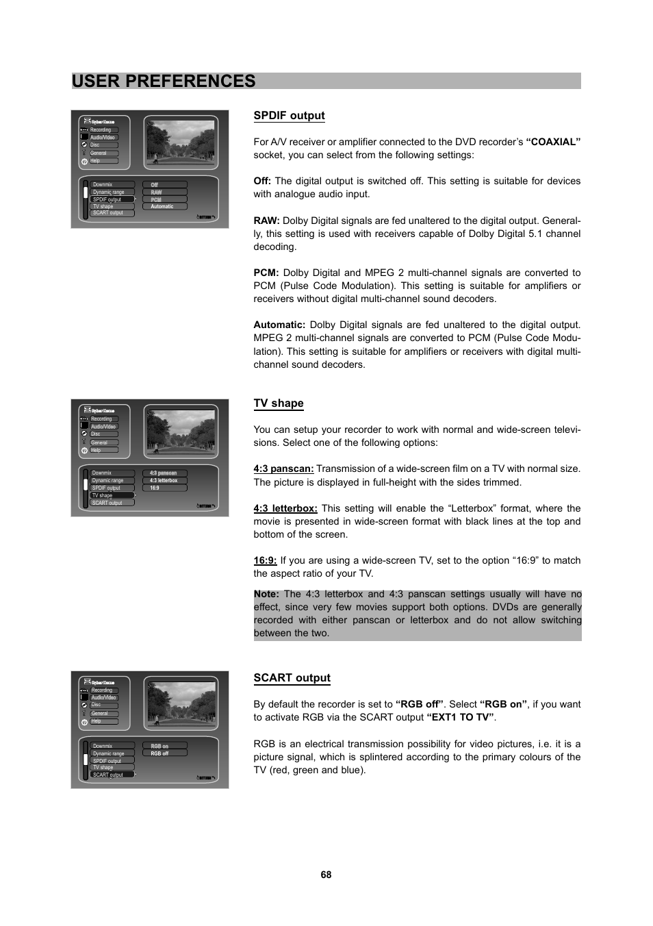 User preferences, Spdif output, Tv shape | Scart output | CyberHome Entertainment 1600 User Manual | Page 67 / 83