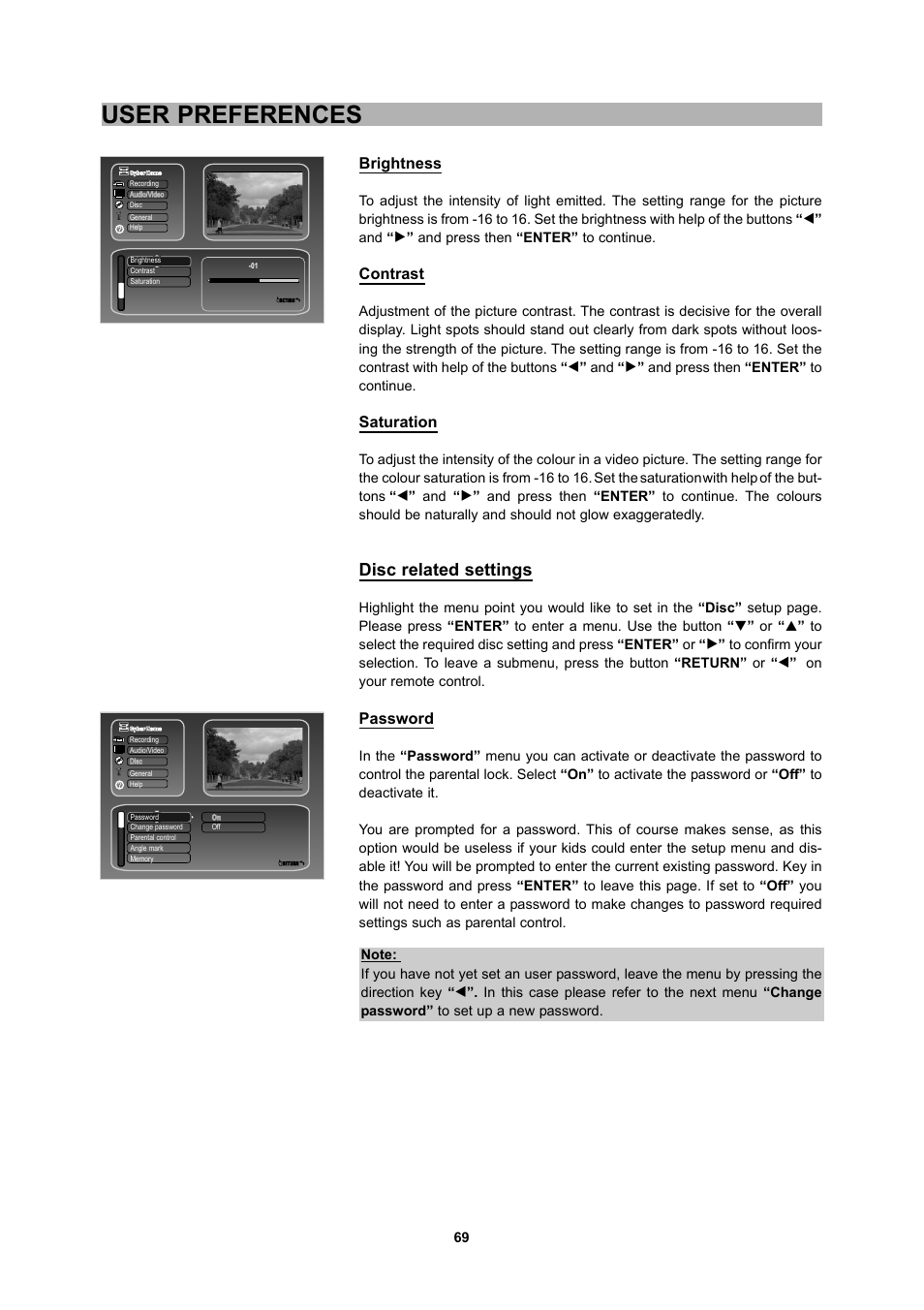 User preferences, Disc related settings | CyberHome Entertainment 1600 User Manual | Page 68 / 83