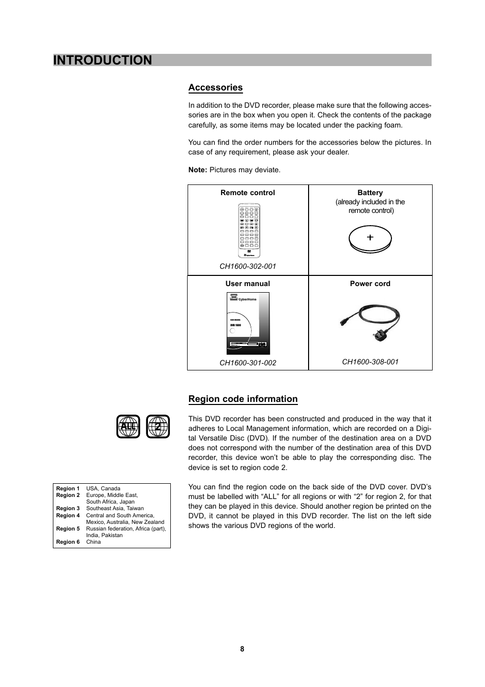 Introduction, Accessories, Region code information | CyberHome Entertainment 1600 User Manual | Page 7 / 83
