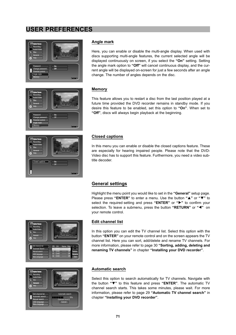 User preferences, General settings, Angle mark | Closed captions, Edit channel list, Automatic search | CyberHome Entertainment 1600 User Manual | Page 70 / 83