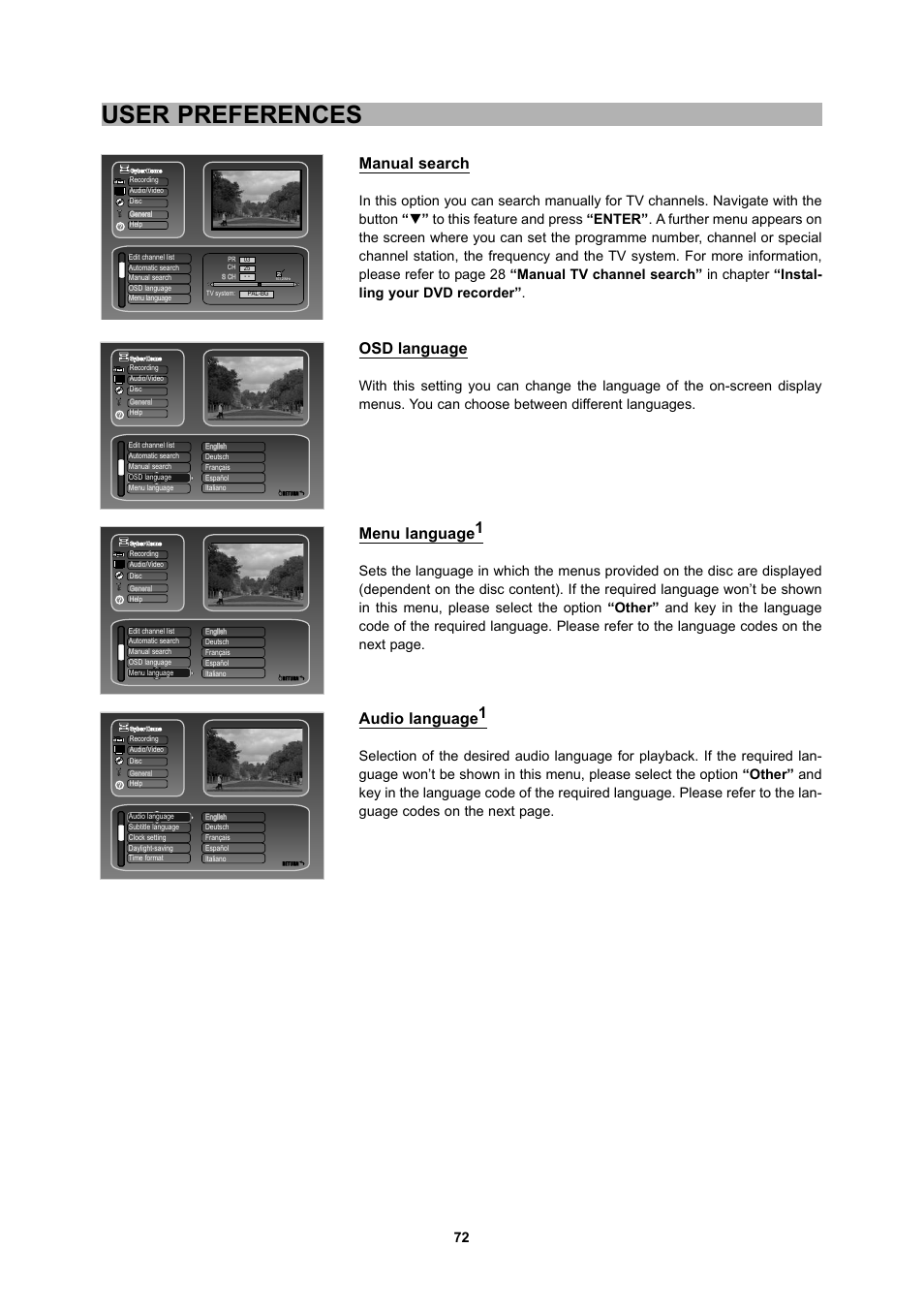User preferences, Manual search, Osd language | Menu language1, Audio language1 | CyberHome Entertainment 1600 User Manual | Page 71 / 83