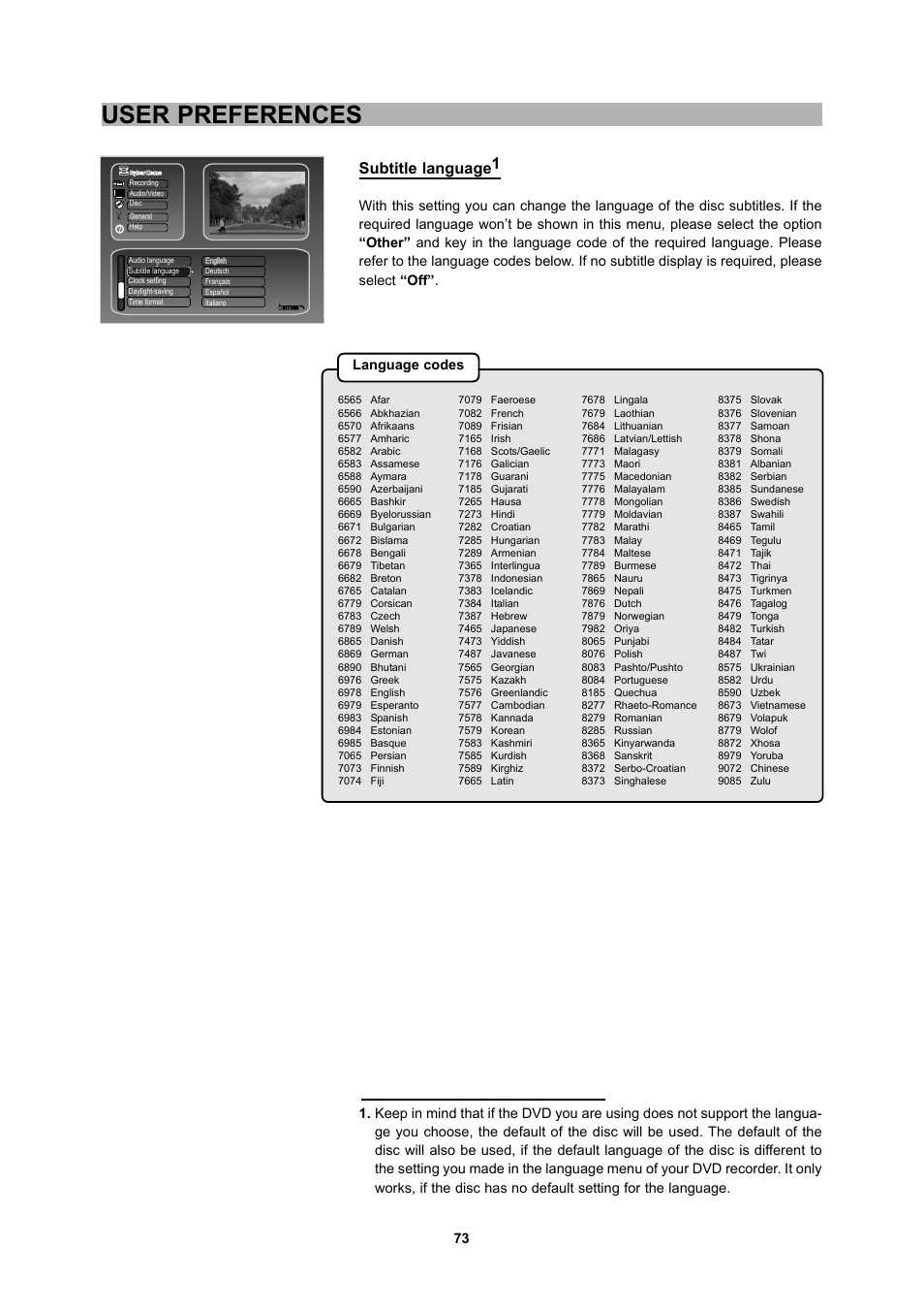 User preferences, Subtitle language1 | CyberHome Entertainment 1600 User Manual | Page 72 / 83