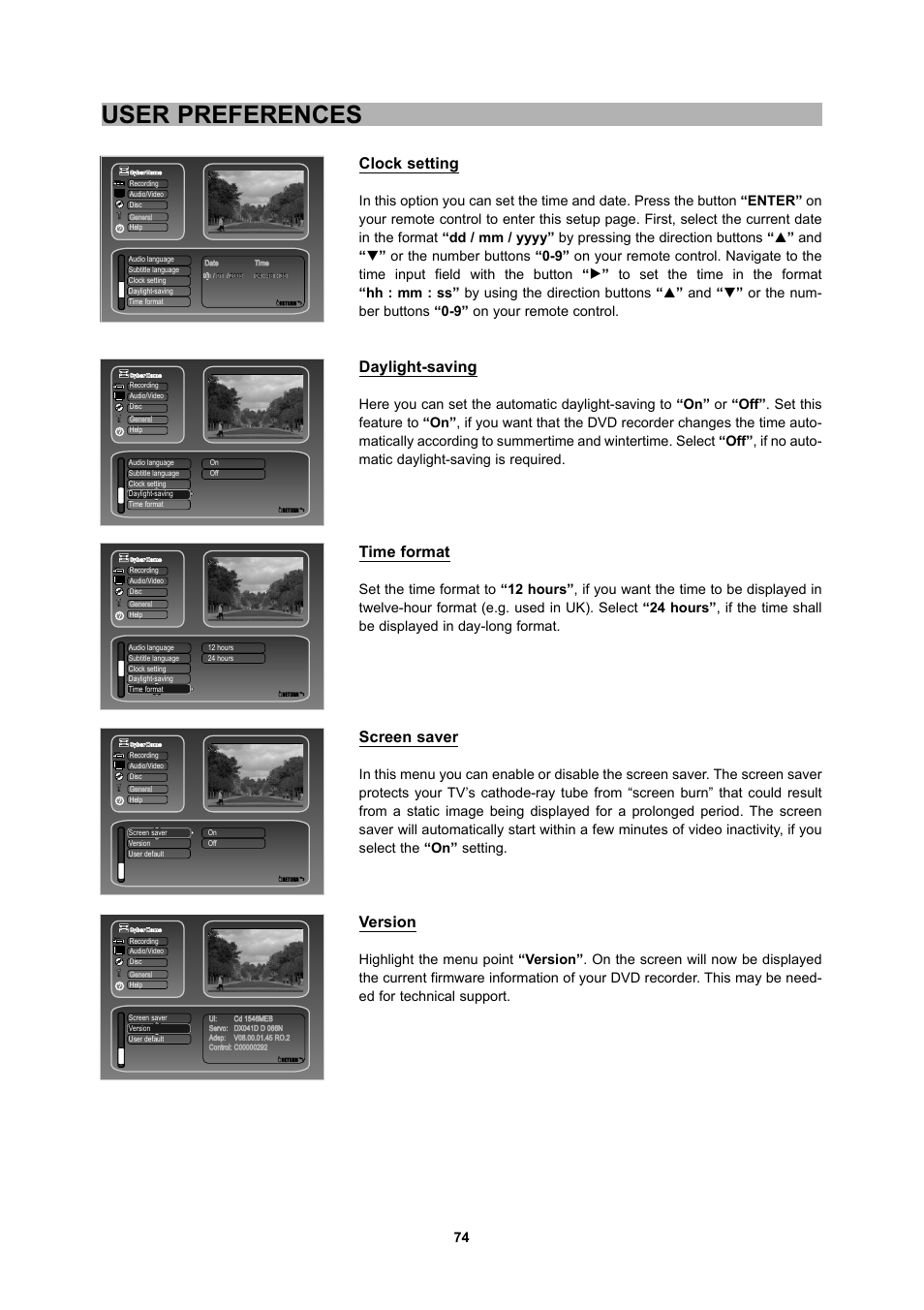 User preferences, Clock setting, Daylight-saving | Time format, Screen saver, Version | CyberHome Entertainment 1600 User Manual | Page 73 / 83
