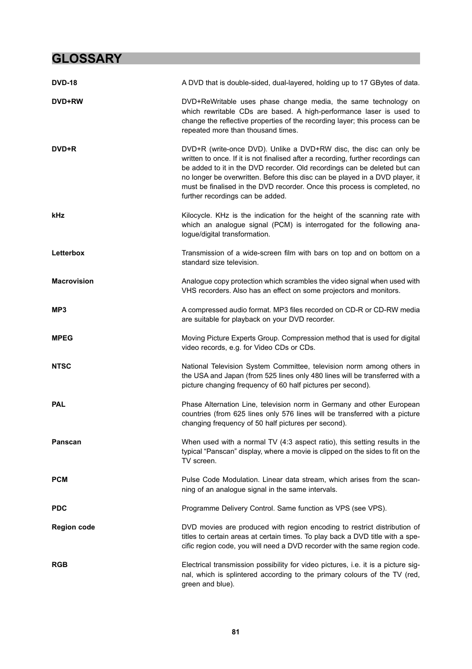 Glossary | CyberHome Entertainment 1600 User Manual | Page 80 / 83
