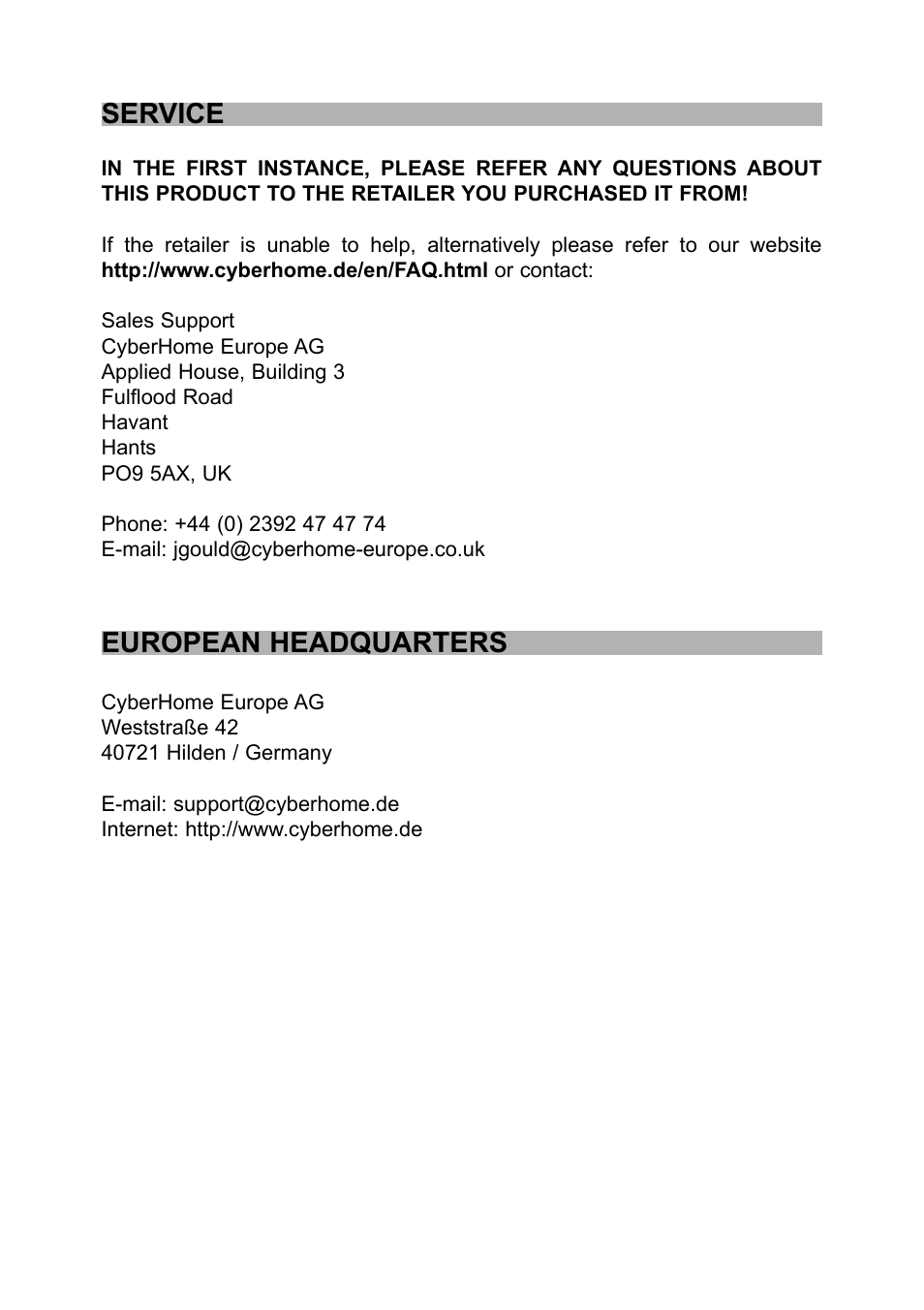 Service, European headquarters | CyberHome Entertainment 1600 User Manual | Page 82 / 83