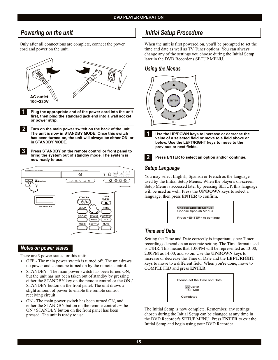Powering on the unit, Initial setup procedure, 1using the menus | Time and date setup language | CyberHome Entertainment CH-DVR 1500 User Manual | Page 15 / 41