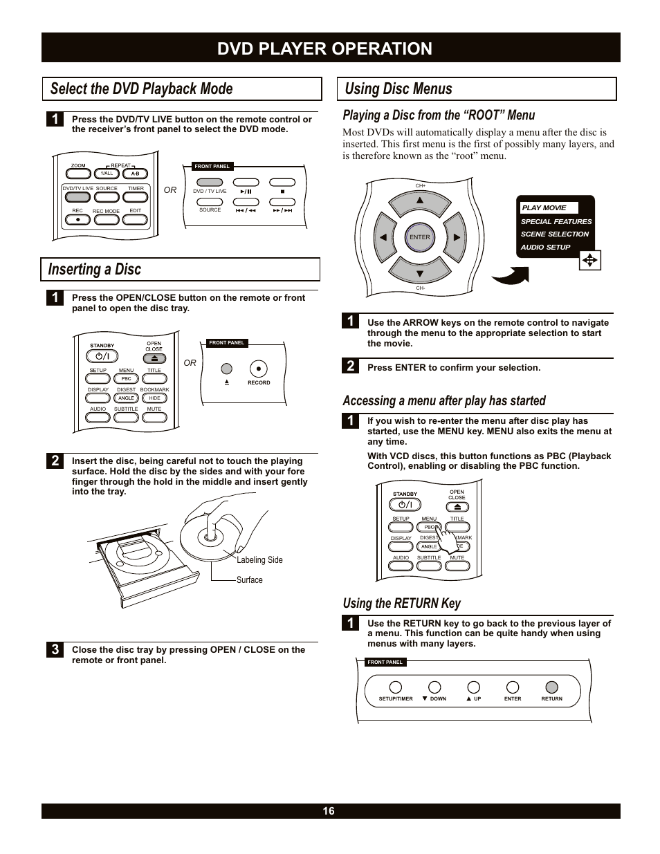 Dvd player operation, Select the dvd playback mode, Inserting a disc | Using disc menus, 1using the return key | CyberHome Entertainment CH-DVR 1500 User Manual | Page 16 / 41