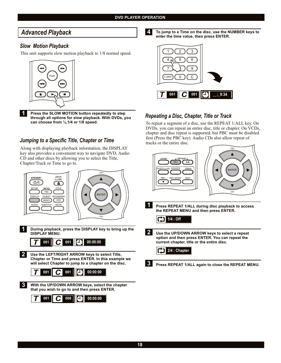 Advanced playback, Jumping to a specific title, chapter or time, 2repeating a disc, chapter, title or track | Slow motion playback | CyberHome Entertainment CH-DVR 1500 User Manual | Page 18 / 41