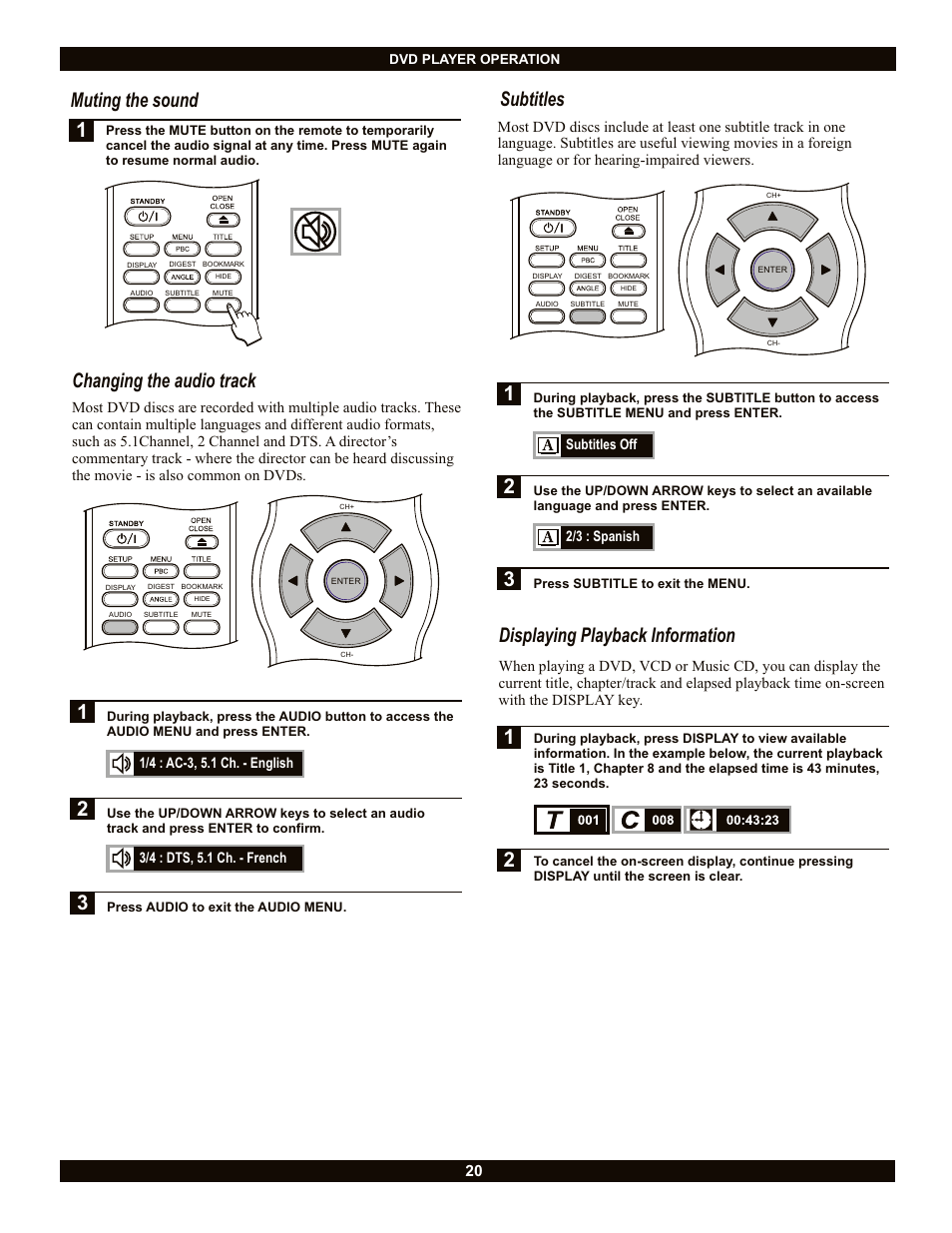 Changing the audio track, Muting the sound, 1subtitles | Displaying playback information | CyberHome Entertainment CH-DVR 1500 User Manual | Page 20 / 41
