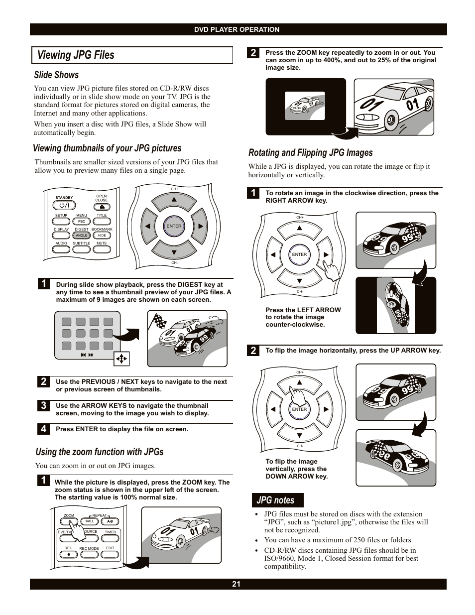Viewing jpg files, Slide shows, Viewing thumbnails of your jpg pictures | 1using the zoom function with jpgs, 1rotating and flipping jpg images | CyberHome Entertainment CH-DVR 1500 User Manual | Page 21 / 41
