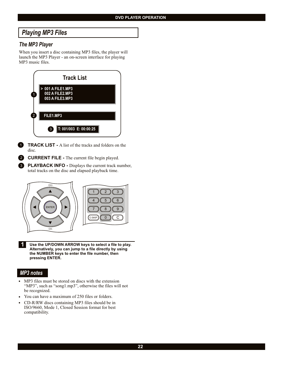 Playing mp3 files, The mp3 player, Track list | CyberHome Entertainment CH-DVR 1500 User Manual | Page 22 / 41