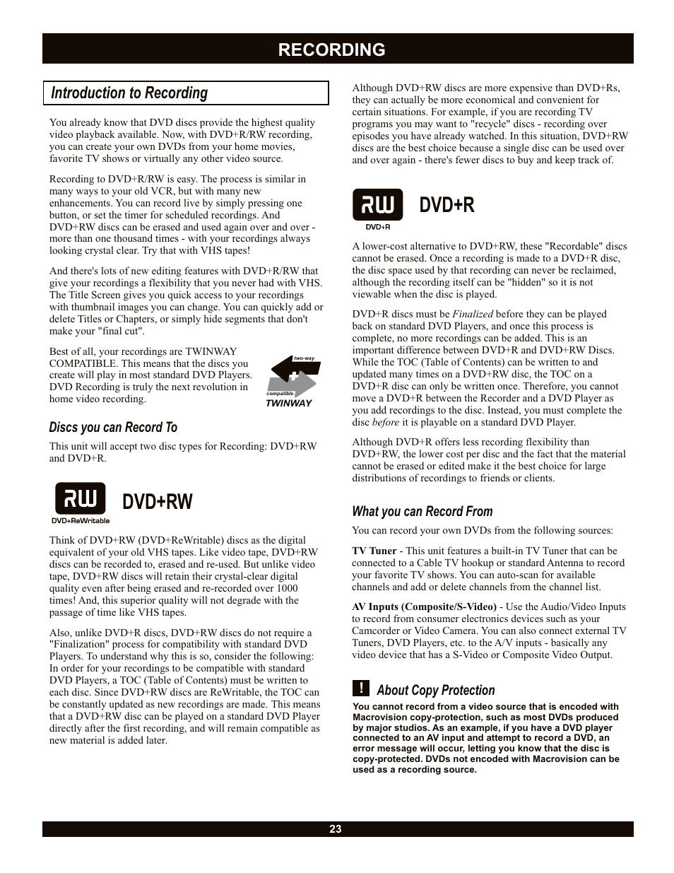 Dvd+rw, Dvd+r, Recording | Introduction to recording | CyberHome Entertainment CH-DVR 1500 User Manual | Page 23 / 41