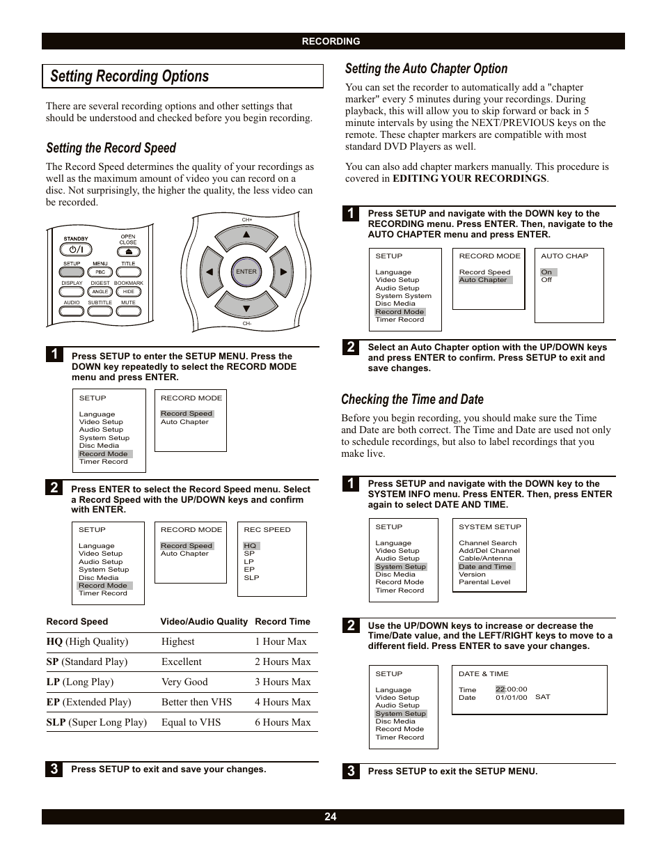 Setting recording options, Setting the auto chapter option, 2checking the time and date | Setting the record speed | CyberHome Entertainment CH-DVR 1500 User Manual | Page 24 / 41