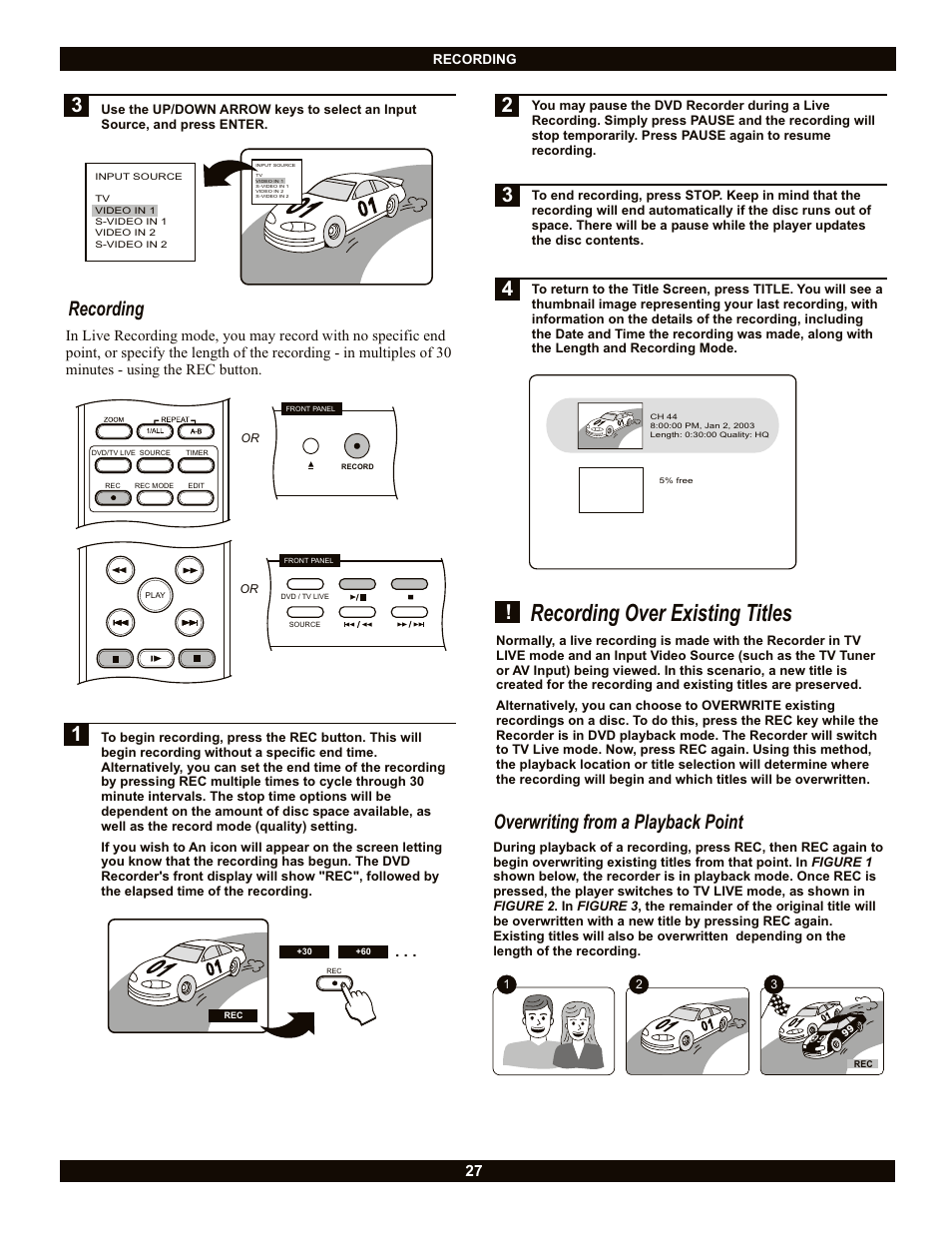 Recording over existing titles, 1recording, Overwriting from a playback point | CyberHome Entertainment CH-DVR 1500 User Manual | Page 27 / 41