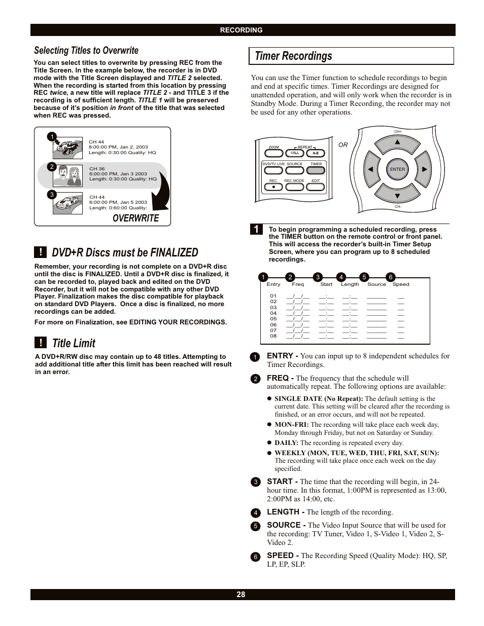 Dvd+r discs must be finalized, Title limit, Timer recordings | Selecting titles to overwrite, Overwrite | CyberHome Entertainment CH-DVR 1500 User Manual | Page 28 / 41