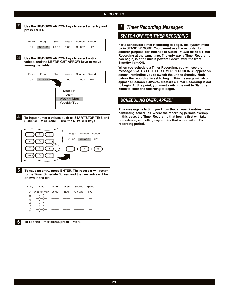 Timer recording messages, Switch off for timer recording, Scheduling overlapped | CyberHome Entertainment CH-DVR 1500 User Manual | Page 29 / 41