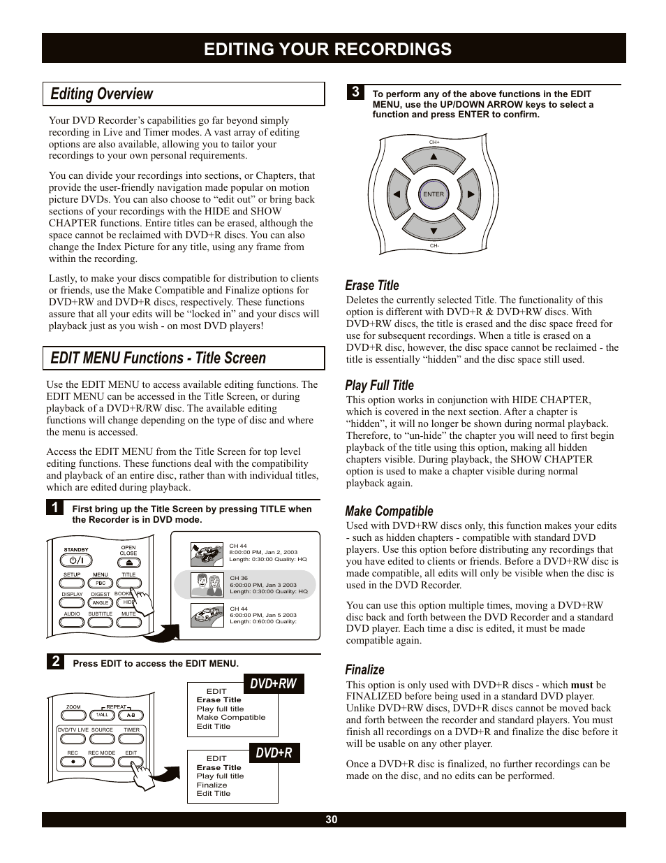 Editing your recordings, Editing overview, Edit menu functions - title screen | Erase title, Play full title, Make compatible, Finalize, Dvd+rw, Dvd+r | CyberHome Entertainment CH-DVR 1500 User Manual | Page 30 / 41