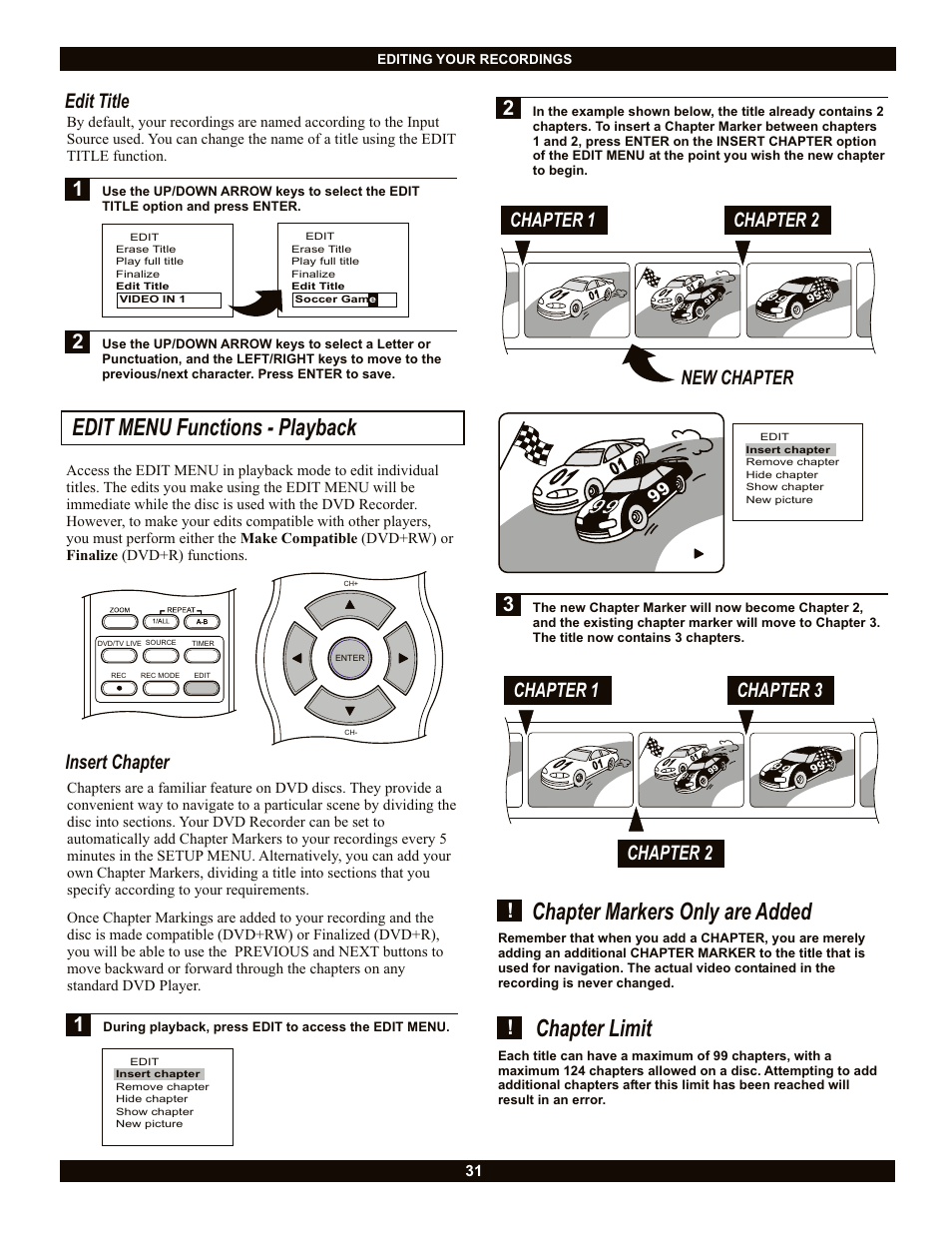 Edit menu functions - playback, Chapter limit, Chapter markers only are added | Insert chapter, Edit title, Chapter 1 chapter 2, New chapter, Chapter 1 chapter 3, Chapter 2 | CyberHome Entertainment CH-DVR 1500 User Manual | Page 31 / 41