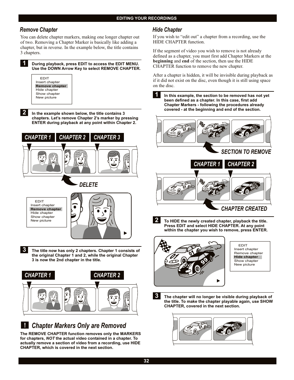 Chapter markers only are removed, Remove chapter, Hide chapter | CyberHome Entertainment CH-DVR 1500 User Manual | Page 32 / 41