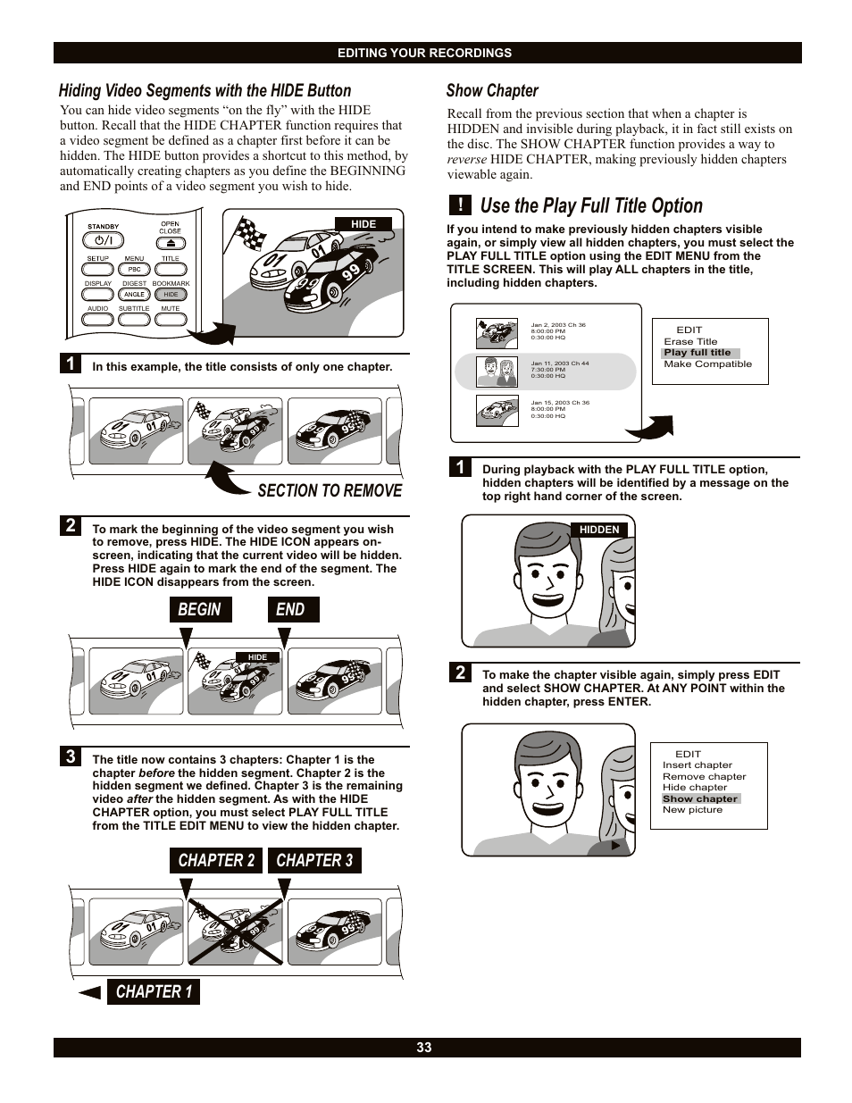 Use the play full title option, Show chapter, Hiding video segments with the hide button | Begin, Chapter 3, Chapter 2 chapter 1 | CyberHome Entertainment CH-DVR 1500 User Manual | Page 33 / 41