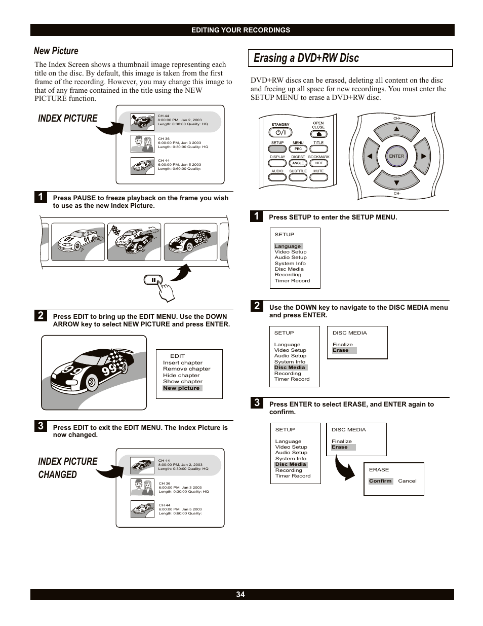 Erasing a dvd+rw disc, New picture, Index picture | Index picture changed | CyberHome Entertainment CH-DVR 1500 User Manual | Page 34 / 41