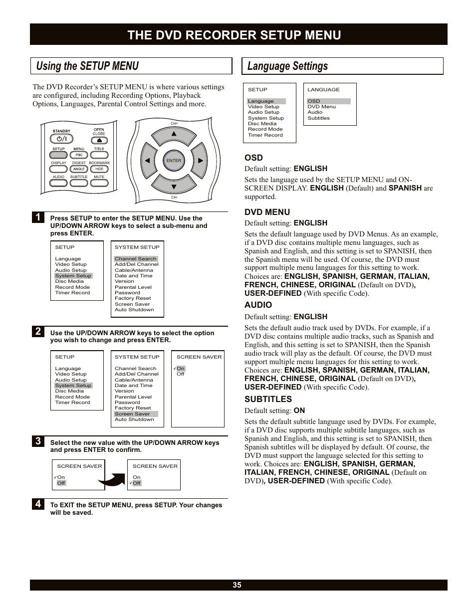 The dvd recorder setup menu, Using the setup menu, Language settings | Dvd menu, Audio, Subtitles | CyberHome Entertainment CH-DVR 1500 User Manual | Page 35 / 41