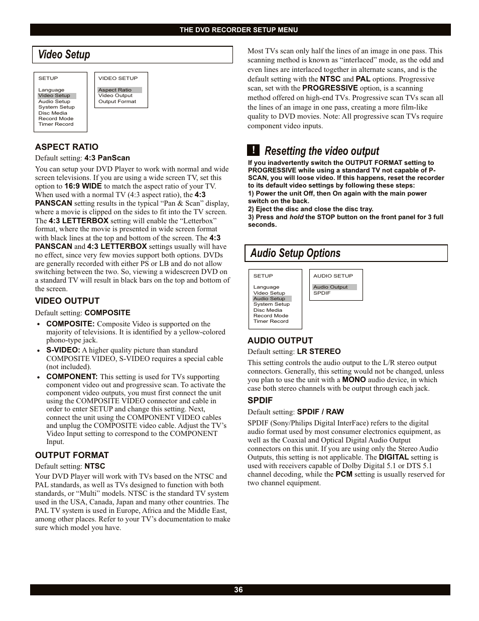 Audio setup options, Video setup, Resetting the video output | CyberHome Entertainment CH-DVR 1500 User Manual | Page 36 / 41