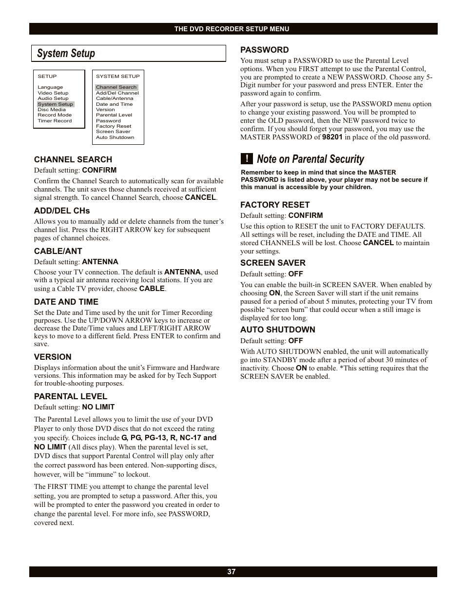 System setup | CyberHome Entertainment CH-DVR 1500 User Manual | Page 37 / 41