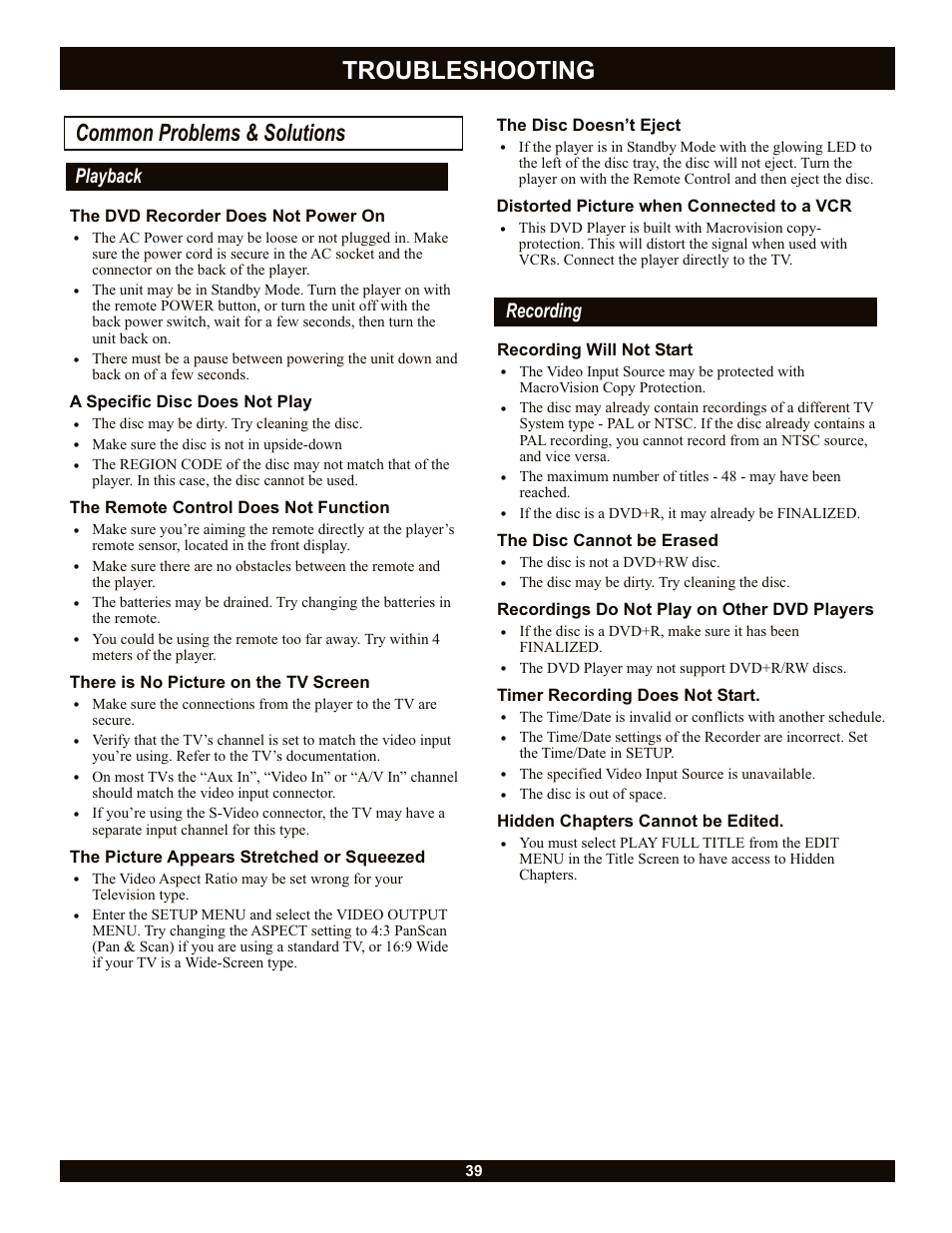 Troubleshooting, Common problems & solutions, Playback recording | CyberHome Entertainment CH-DVR 1500 User Manual | Page 39 / 41