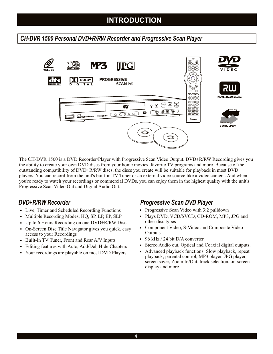 Introduction, Progressive scan dvd player | CyberHome Entertainment CH-DVR 1500 User Manual | Page 4 / 41