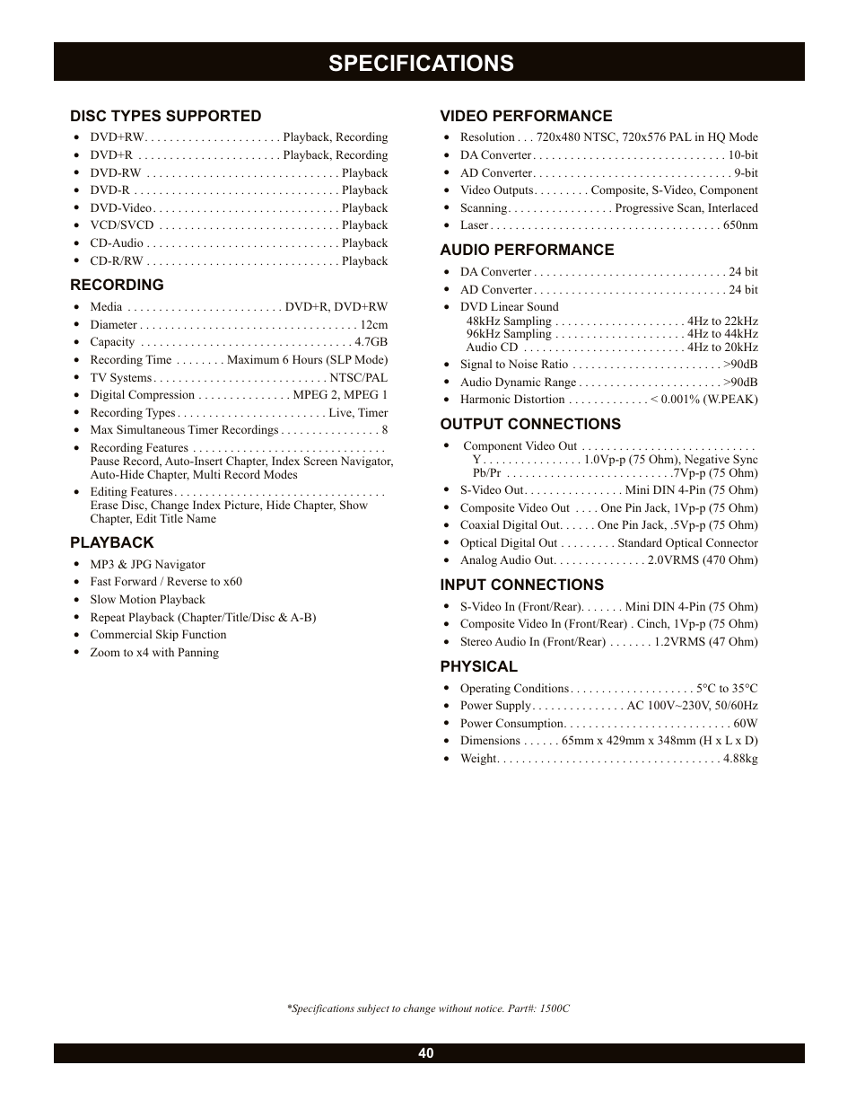 Specifications | CyberHome Entertainment CH-DVR 1500 User Manual | Page 40 / 41